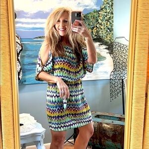 Amour Vert,Eco-Friendly Clothing, Silk Chevron Print Dress,Belted,Size Med.